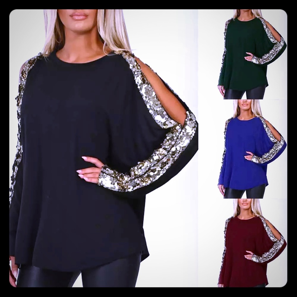 Slit Sleeve, Sequin Lined Pullover Blouse